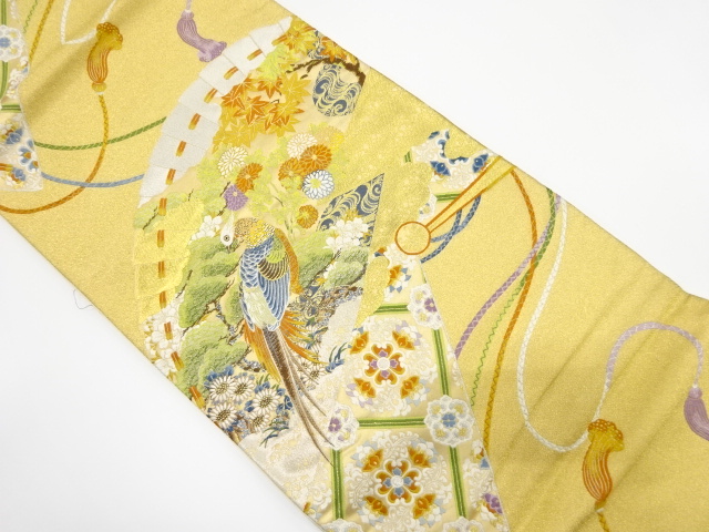 桧扇に花鳥模様織り出し　袋帯